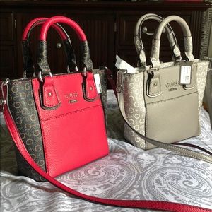Mini red and taupe guess hand bags